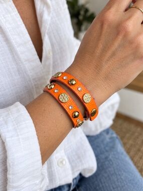Tory Burch ICONIC Orange Crystal Studded Double Wrap Leather Bracelet